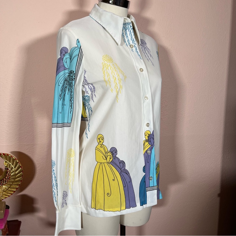 Vintage 1970 Mod Art Deco Lady Print Dagger collar Blouse - Picture 5 of 17